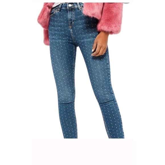 Top Shop Moto Jamie High Rise Skinny Denim Jeans Rhinestone Women Size 28 - Picture 2 of 13